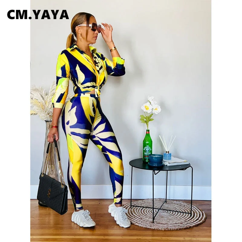 Cm.Yaya Streetwear Leaf Printed Women Legging Pants Suit And Long Sleeve Shirt Fashion Casual Two 2 Piece Set Outfits Tracksuit