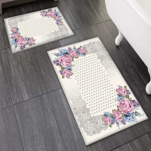 Else Carpet Else Pink Blue Roses Gray Ruched 2'li Toilet Seat Pad Bath Mat Set Mat