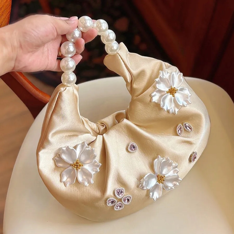 

Атласная сумка-тоут с цветочным жемчугом в стиле ретро, плиссированная сумка для ужина с темпераментом шампанского, сумка через плечо