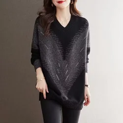 Ladies Large Size 4XL Pullover Knitting Coat 2026 Women V-neck Sweater Spring Autumn Female Medium Long Styles Knitwear