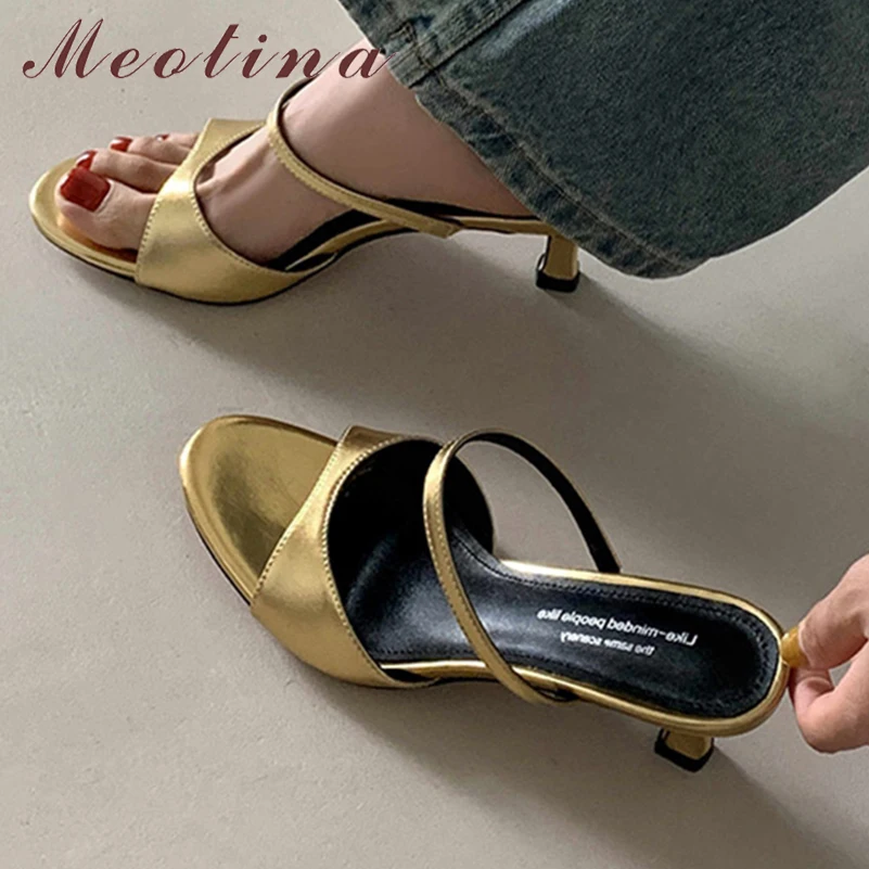 Meotina Women Genuine Leather Slides Round Toe Sandals Thin High Heels Slippers Sexy Design Ladies Fashion Shoes Summer Red 40
