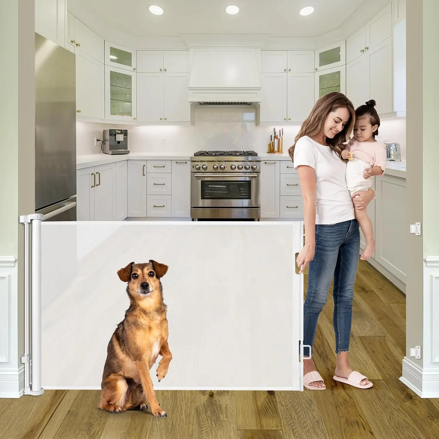 

Retractable Baby Gates for Doorways Dog Gate for Stairs Outdoor Mesh Reinforced 34.8 Inch Tall One Handed Opening And Closing