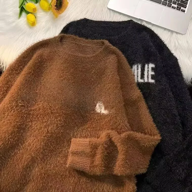 

Мужской свитер крупной вязки свободного кроя для пар, в стиле High Street, с длинным рукавом, круглым вырезом, из полиэфирного волокна