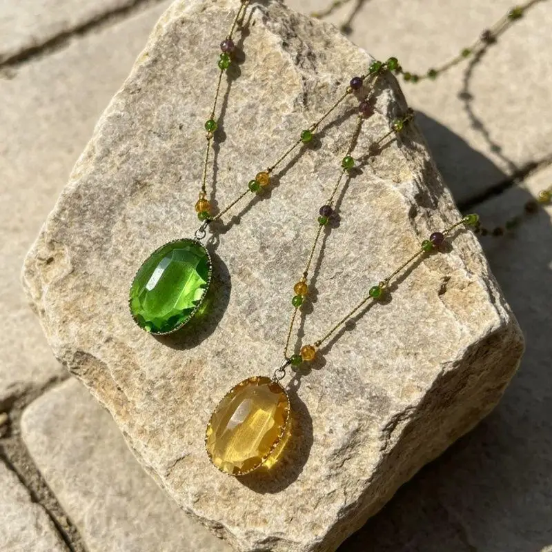 Ovaler Kristall-Langkettenanhänger für Damen, trendiger Schmuck in Grün-Champagner-Farbe für Party- und Freizeitoutfits. – Detail 4