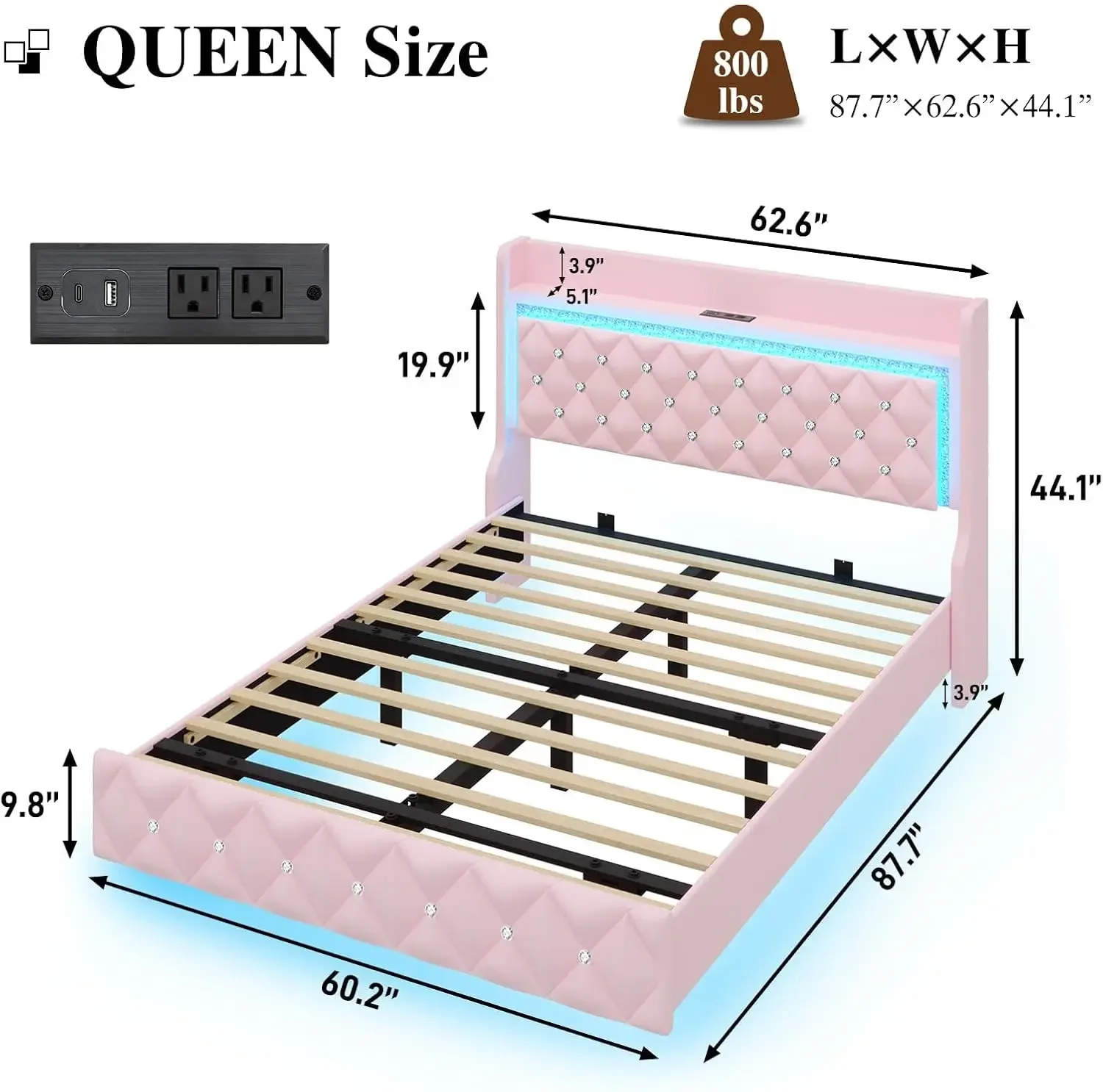 Floating Queen Bed Frame with LED Light, Upholstered Platform Queen Bed with Diamond Tufted Storage Headboard & Footboard, PU Le