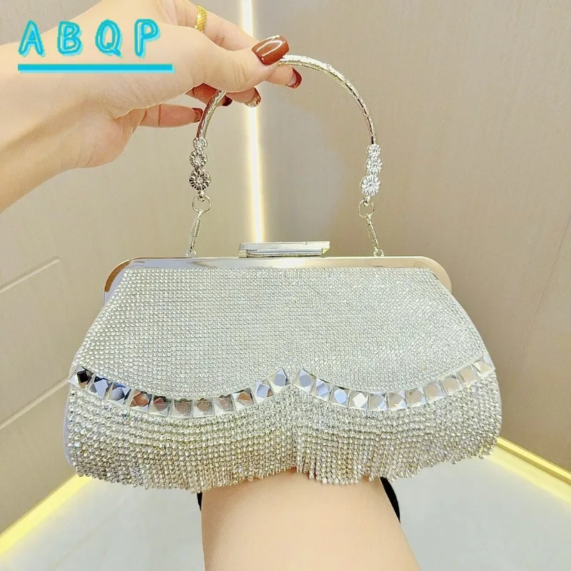 

Elegant Golden Rhinestone Evening Clutch with Detachable Chain Strap Sparkling Tassel Handbag for Wedding Party Formal Events