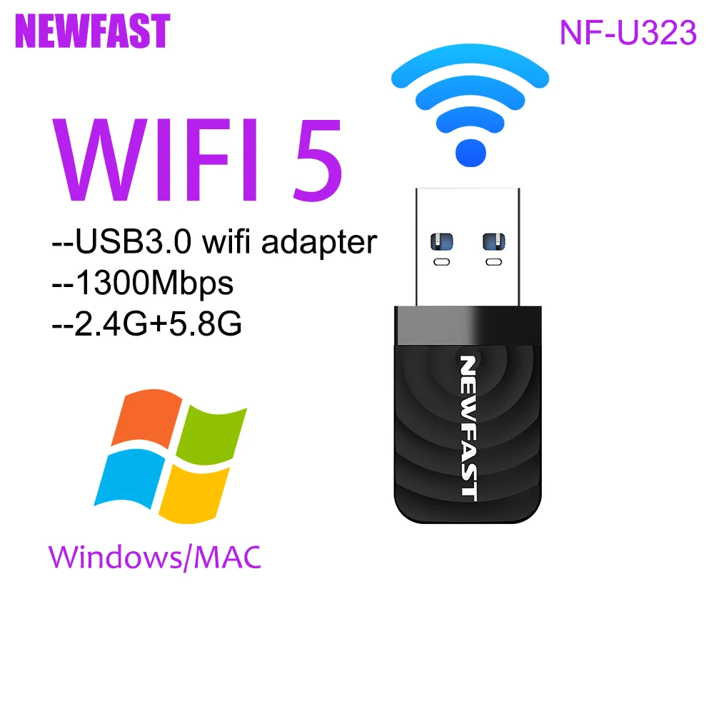 Newfast WiFi5 1300Mbps USB Adapter Dual-band WIFI Reciver USB3.0 Network Card WPA3 For Desktop Laptop Win7/8/8.1/10/11 MAC