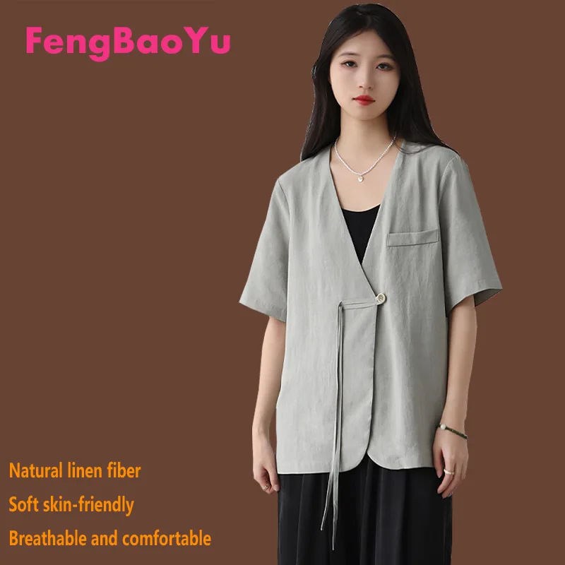 High-end Linen Spring and Summer New Women's Short-sleeved Top Dark Green V-neck Fashion Coat Comfortable and Refreshing