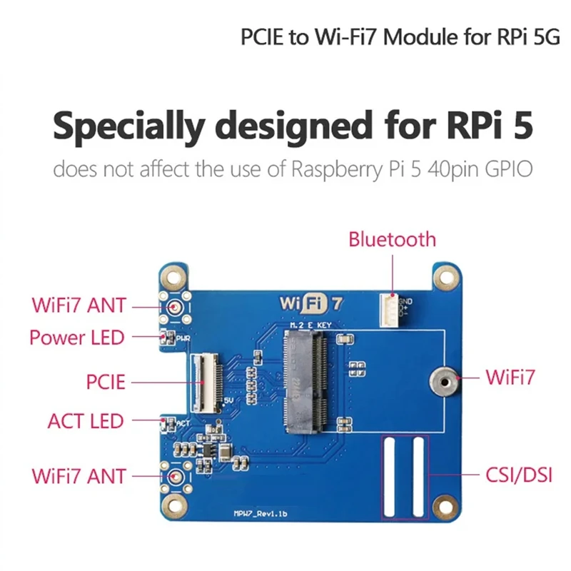 MPW7NA For Raspberry Pi 5 PCIE To M.2 E-Key Wifi7 Module+2 X Antenna BE200 Blue PCB Support Google TPU,Wif6e AX210,AX200 Adapter