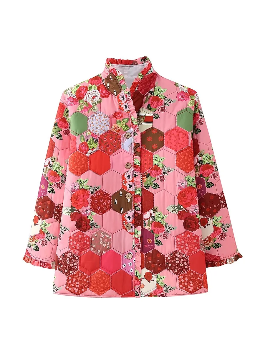 Women Puffer Jacket Rhombus Floral Print Buttons Quilted Coat Fall Winter Warm Lightweight Thick Long Sleeve Padded Jackets Y2K