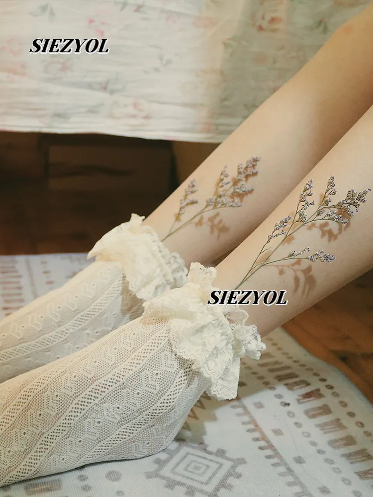 Lolita Sweet Girl Retro Lace Heart Pile Socks Cut Out Solid Color Fishnet Long Socks Lolita Jk Women's Thin Stocking
