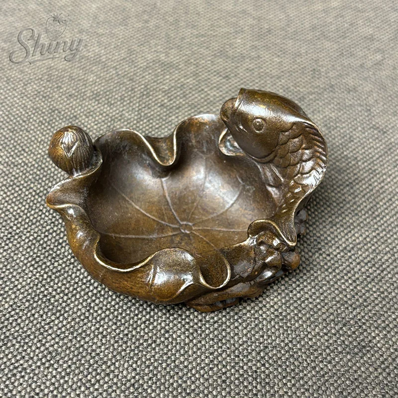 Antique Solid Brass Lotus Leaf Fish-Shaped Ashtray Table Ornament Tray Abundance Every Year Study Brush Holder Decor