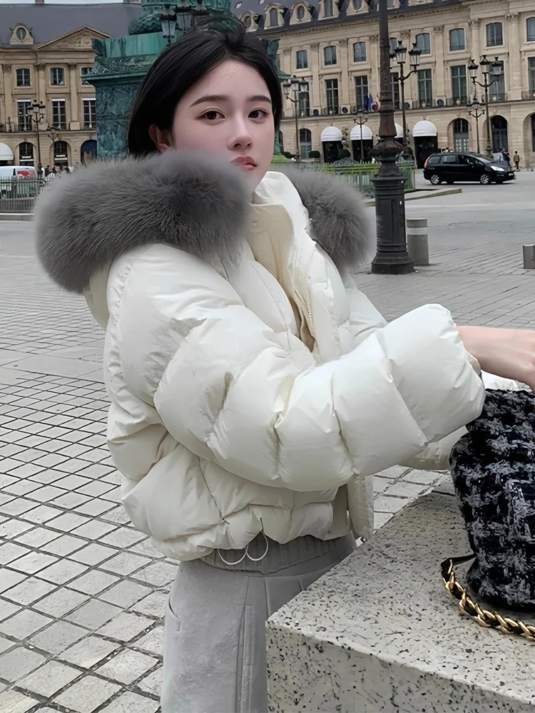 

Женская короткая пуховая куртка ROUJE KEFSS с капюшоном, теплая зимняя куртка с большим меховым воротником, компактный размер, женская верхняя одежда