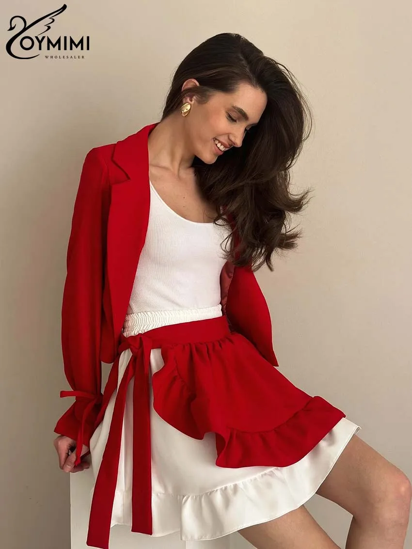 Oymimi Fashion Red Sets For Women 3 Pieces Elegant Long Sleeve Single Button Shirts And White Mini Skirts + Ruffled Sashes Sets