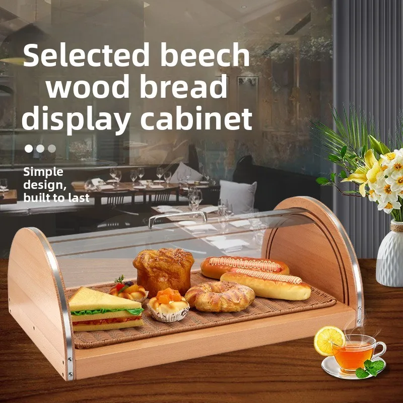 Japanese-style transparent covered dustproof bread display box cabinet, baking cake point storage tray tableware buffet wooden