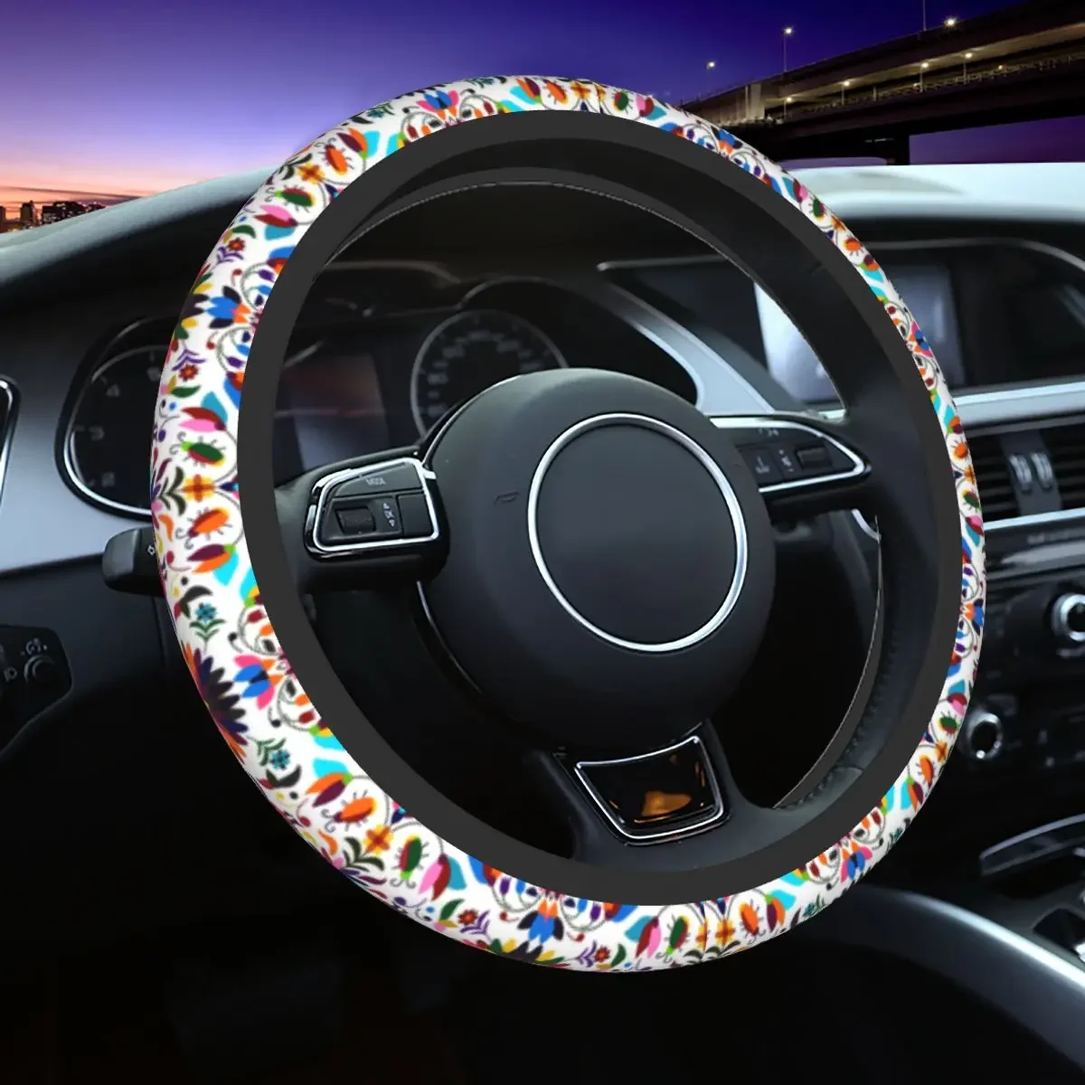 Lovely Mexican Otomi Viva Steering Wheel Cover Mexico Flowers Steering Wheel Protector Universal Fit 37-38cm Car Accessories