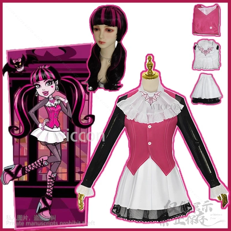 Anime Film Monster Cosplay Draculaura Kostuum Hoog Meisje JK School Jurk Roze Lolita Pruiken Vampiree Halloween Kerst Rollenspel