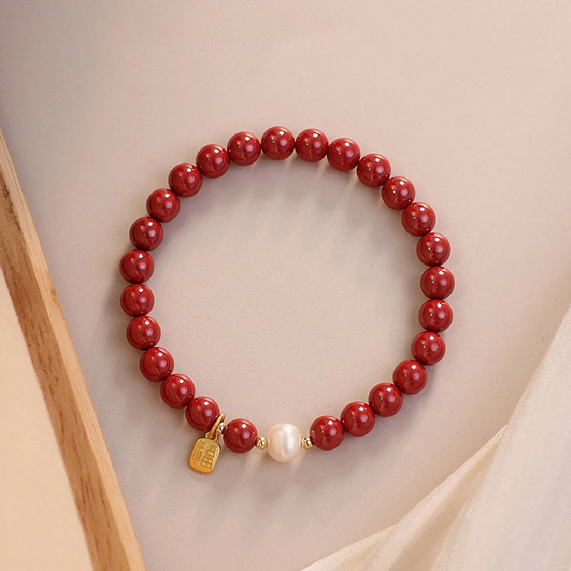 Vintage Good Luck Natural Stone Cinnabar Red Gold Color Pearl Beads Beaded Chinese Style Bracelet for Women Party Jewelry Gift - view 3