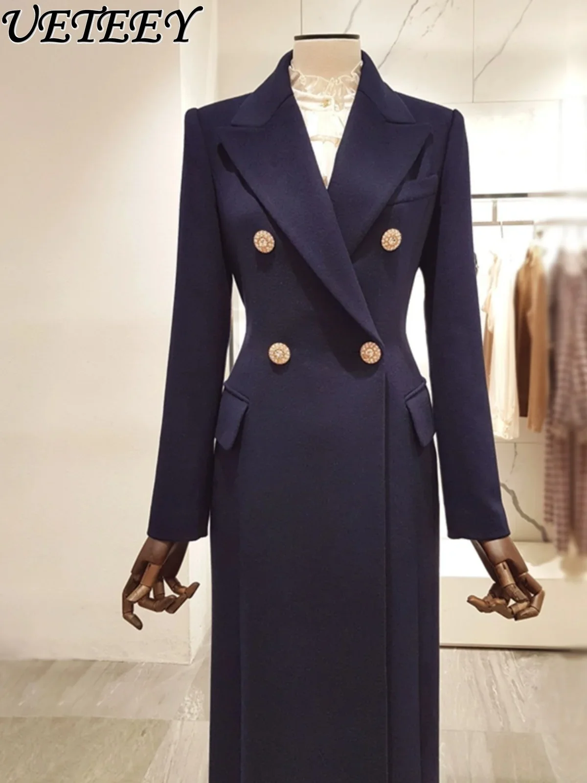 New Fashion Korean Winter Temperament Suit Collar Wool Coat Slim-fit Double-breasted Diamond Buckle Commuter Woollen Jacket