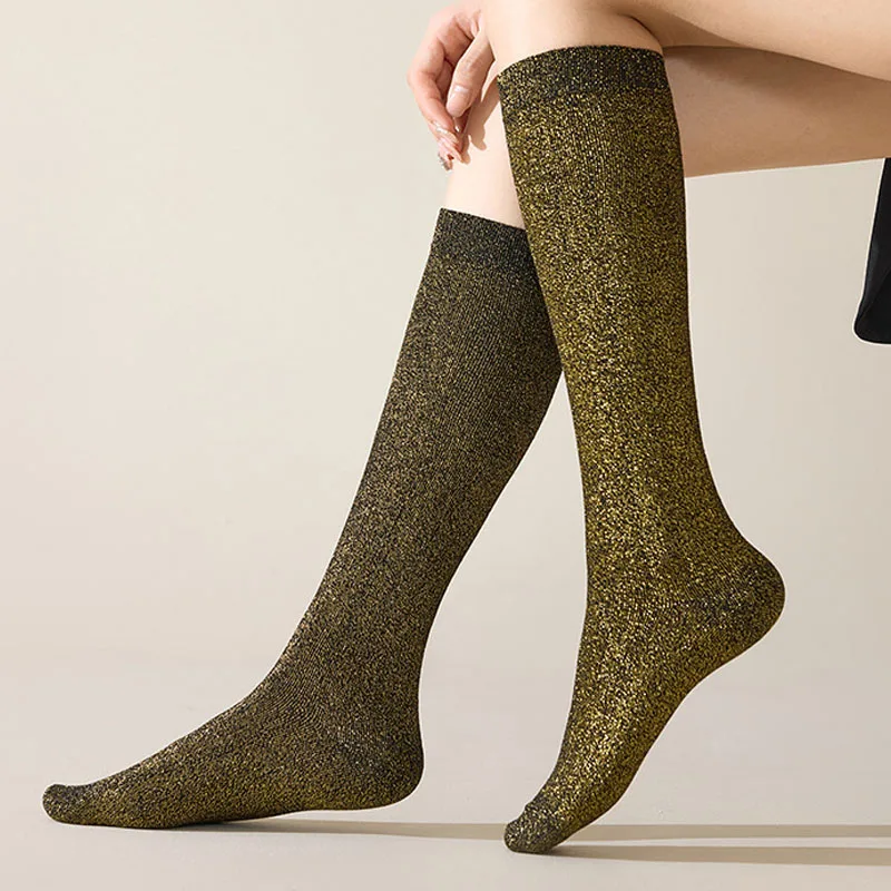1/5Pairs لامعة تألق الذهب والفضة الحرير العجل الجوارب للنساء العصرية طويلة جوارب أنبوبية الحرير كومة الجوارب تنفس الجوارب المرنة #4