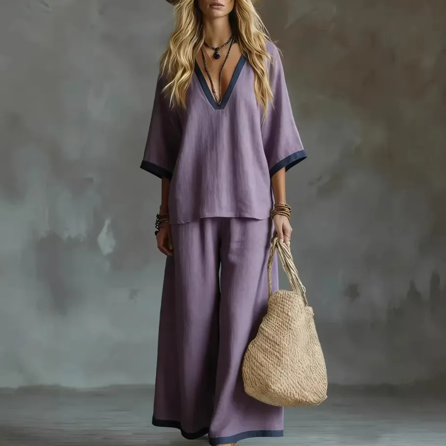 2026 Spring Women's Cotton and Linen Trousers Set with Short Sleeves, Solid Color Splicing, European and American Style