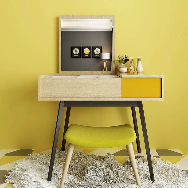 

Aesthetic Minimal Dresser Cabinet Drawers Yellow Modern Bedroom Makeup Table Mirror Women Wood Mesa Maquillaje Bedroom Furniture