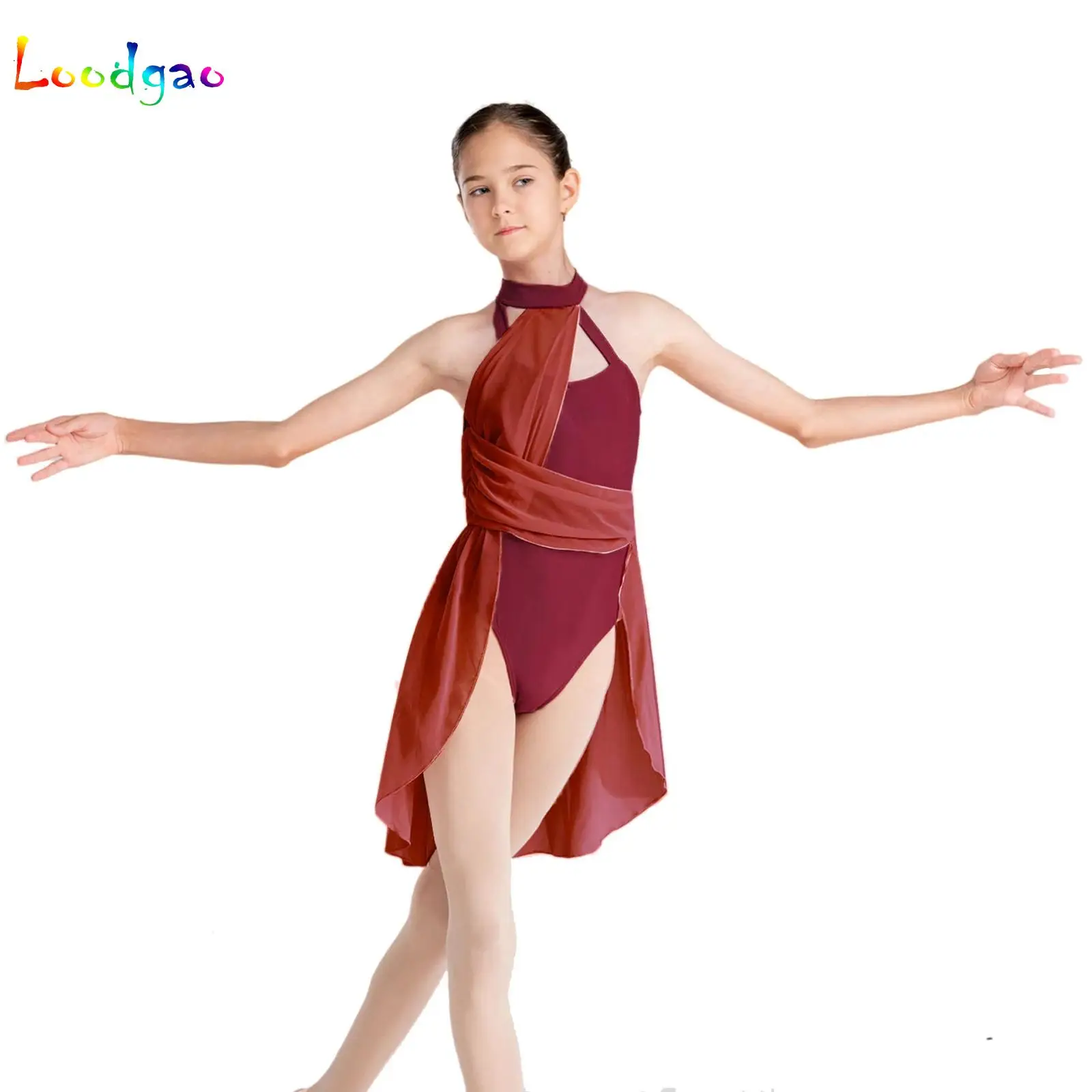 Kids Girls Ruched Chiffon Ballet Dance Dress Chiffon Mesh Skirted Leotard Gymnastics Modern Contemporary Lyrical Dance Clothes