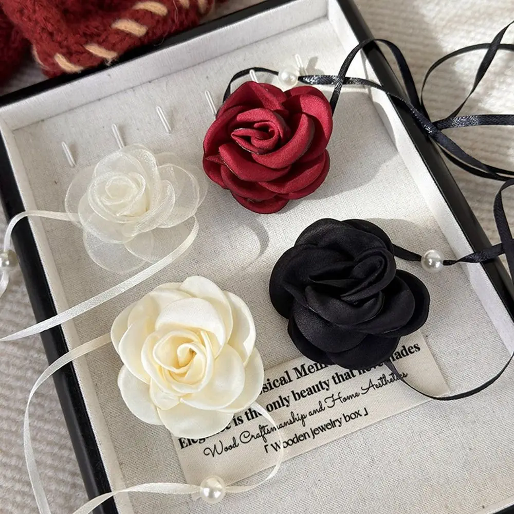 Creative Cloth Rose Flower Necklace Adjustable Romantic Clavicle Chain Fashion Retro Pearl Strap Necklace Women