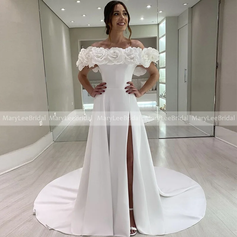 Vestido de novia con cuello de barco de hadas con flores hechas a mano, abertura frontal alta, vestidos de novia de crepé de línea a, Vestido de tren largo hecho a medida