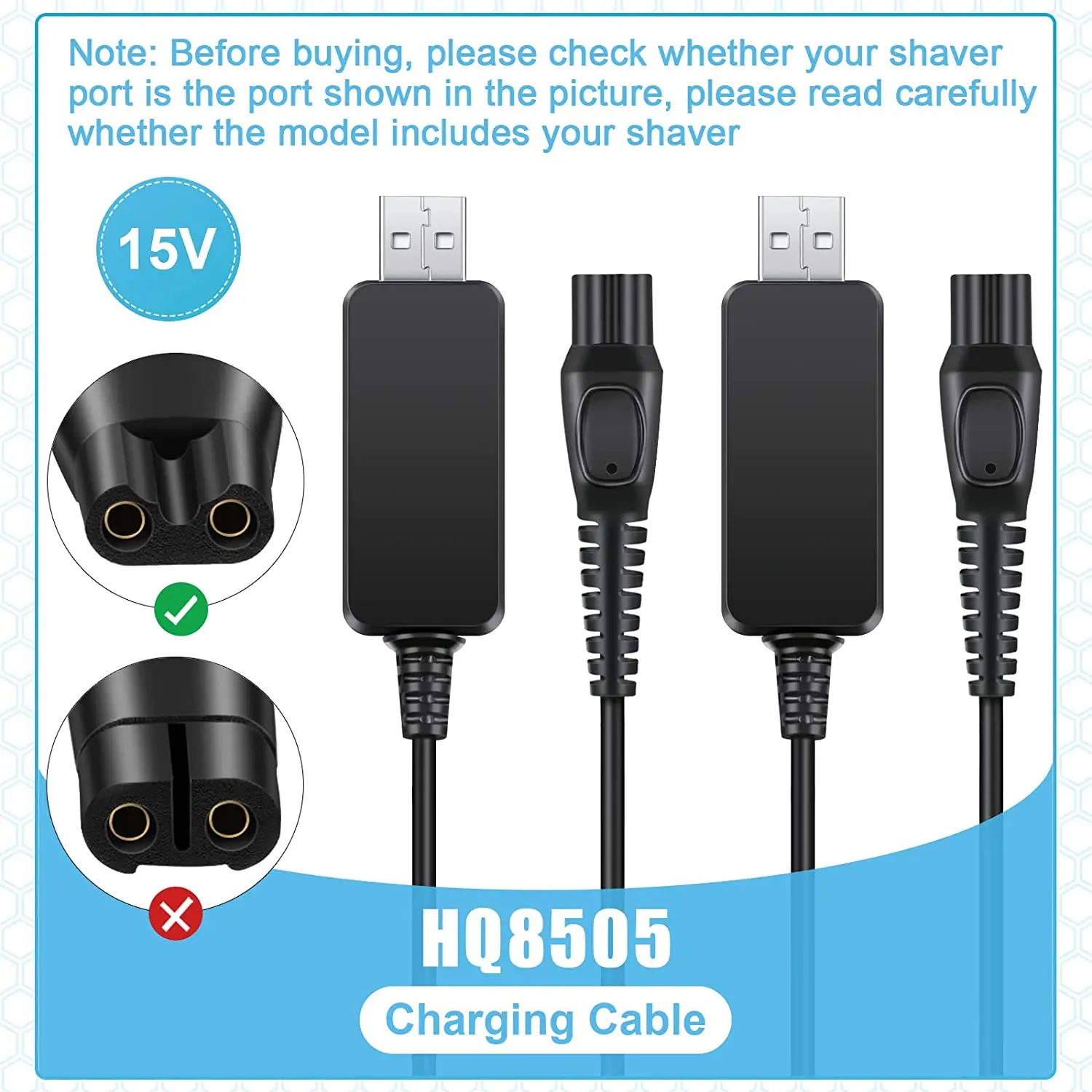 2 sztuki 15V USB jeden ostrze HQ8505 kabel do ładowarki kompatybilny z ładowarką Philips QP6520 QP6510 S5/ 7/9000, Aquatouch, Body