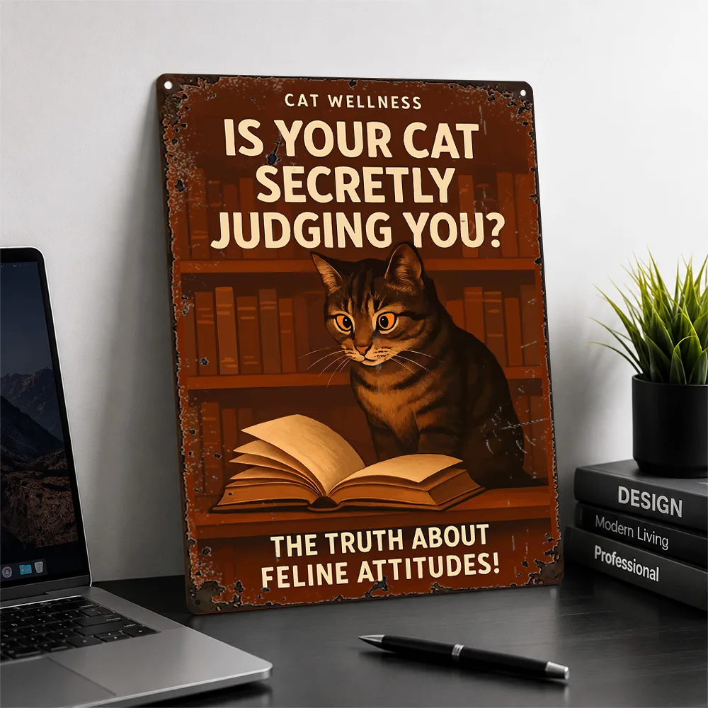 Cat Wellness Judging Quote Textured Metal Poster Retro Cartoon Wall Art For Bedroom Personalized Aluminum Sign Pet Lover Gift