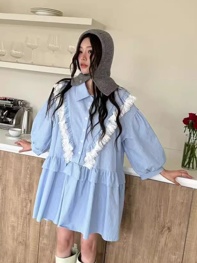 สไตล์เกาหลี Spliced Lace Ruffle ลายเสื้อเชิ้ตผู้หญิงฤดูใบไม้ผลิหวานหลวมโคมไฟแขนสั้นเดรสแฟชั่น Ins