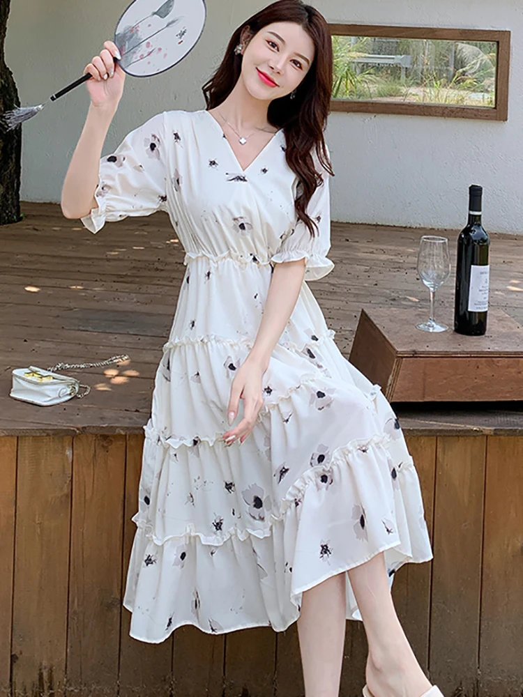2025 White Chiffon Foral Chic Ruffled Casual Long Dress Summer Boho Elegant Holiday Dress Women Korean Bodycocn One Piece Dress