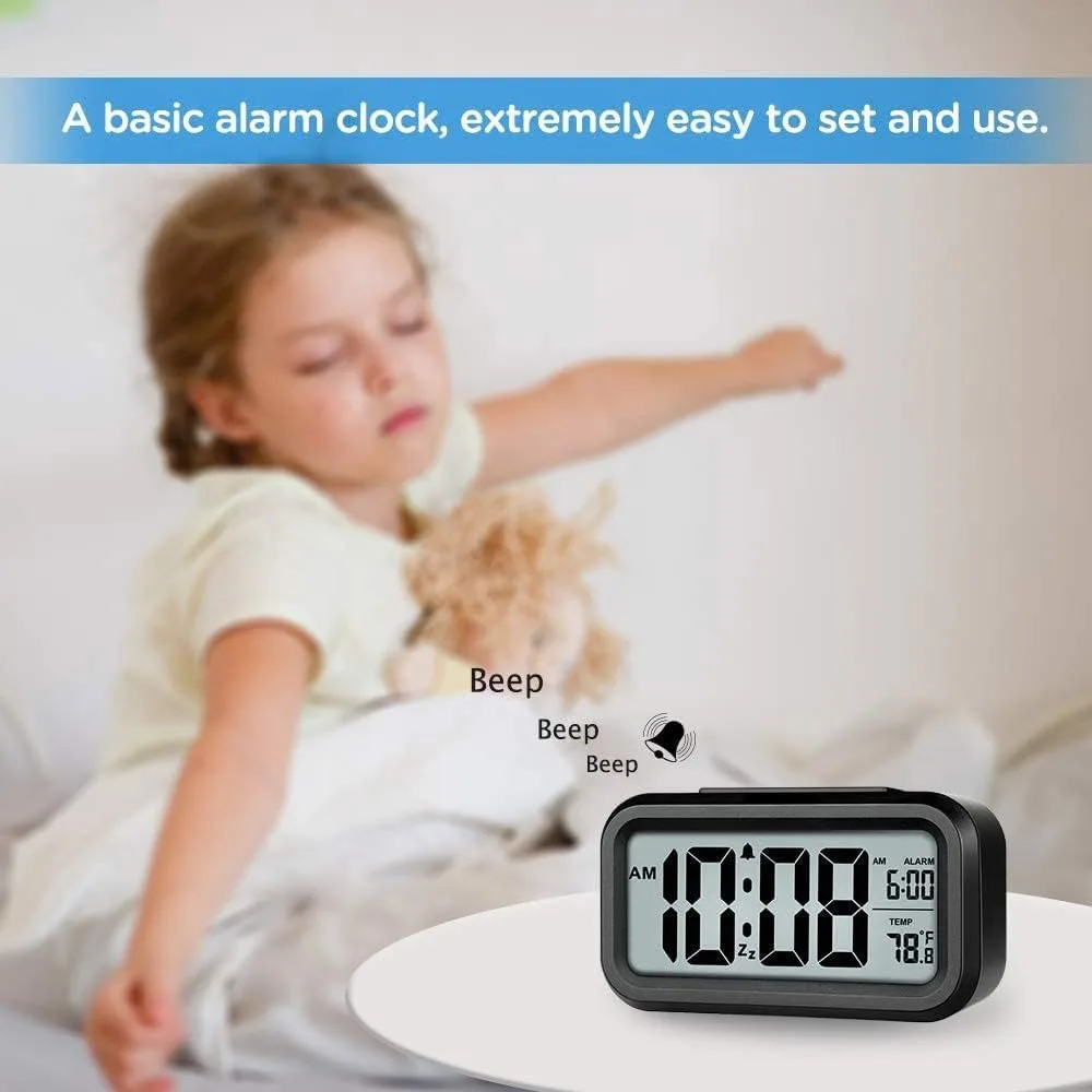 

Digital alarm clock, bedroom alarm clock with smart night light, indoor temperature, large LED display screen, battery operated