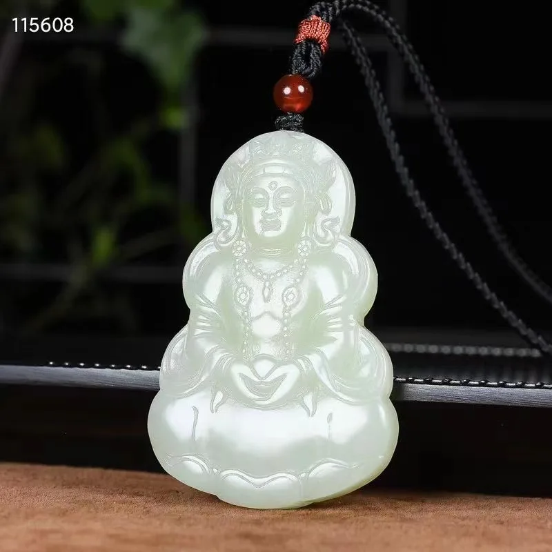 

Natural 100% real white hetian jade carve guanyin bless peace pendant jewellery Handle piece for men woman gifts good luck