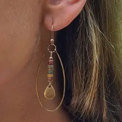 2pcs Vintage Ethnic Style Elliptical Water Droplet Shape Geometry Boho Natural Stone Metal Polychrome Color Earrings Woman Party