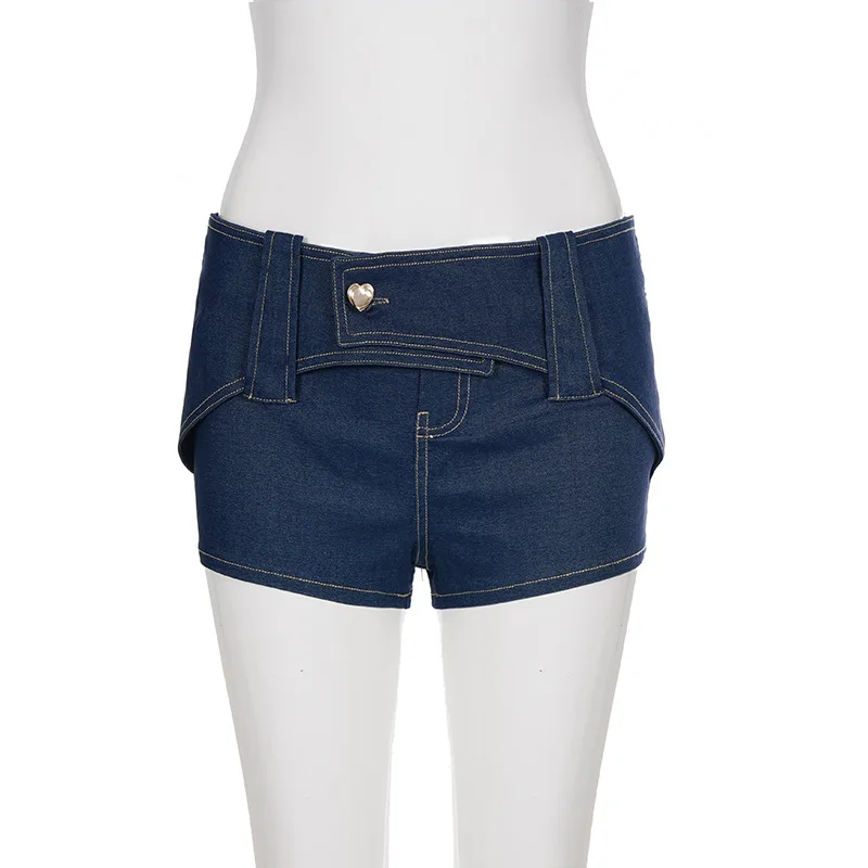 

Summer hot girl streetwear retro sexy low waist buckle denim shorts