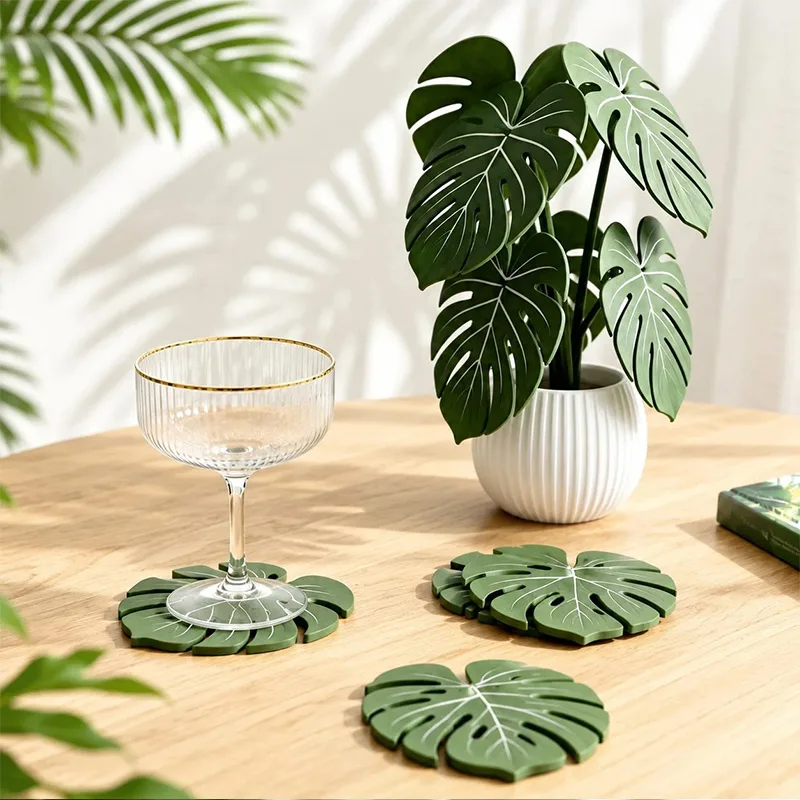 Monstera Plant Coasters 3D Printed Leaf Coaster Set Non Slip Heat Resistant Mat Home Decoration Office Kitchen Table Mat