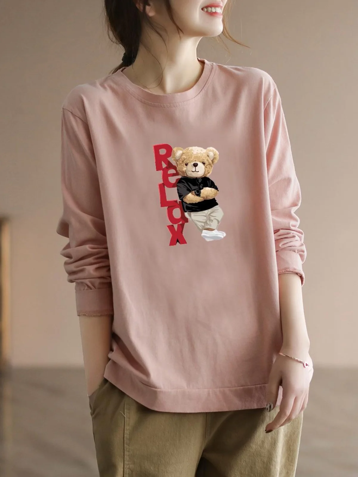 Camiseta de manga larga holgada de algodón puro para mujer, ropa interior para otoño e invierno, camiseta cómoda y transpirable para mujer