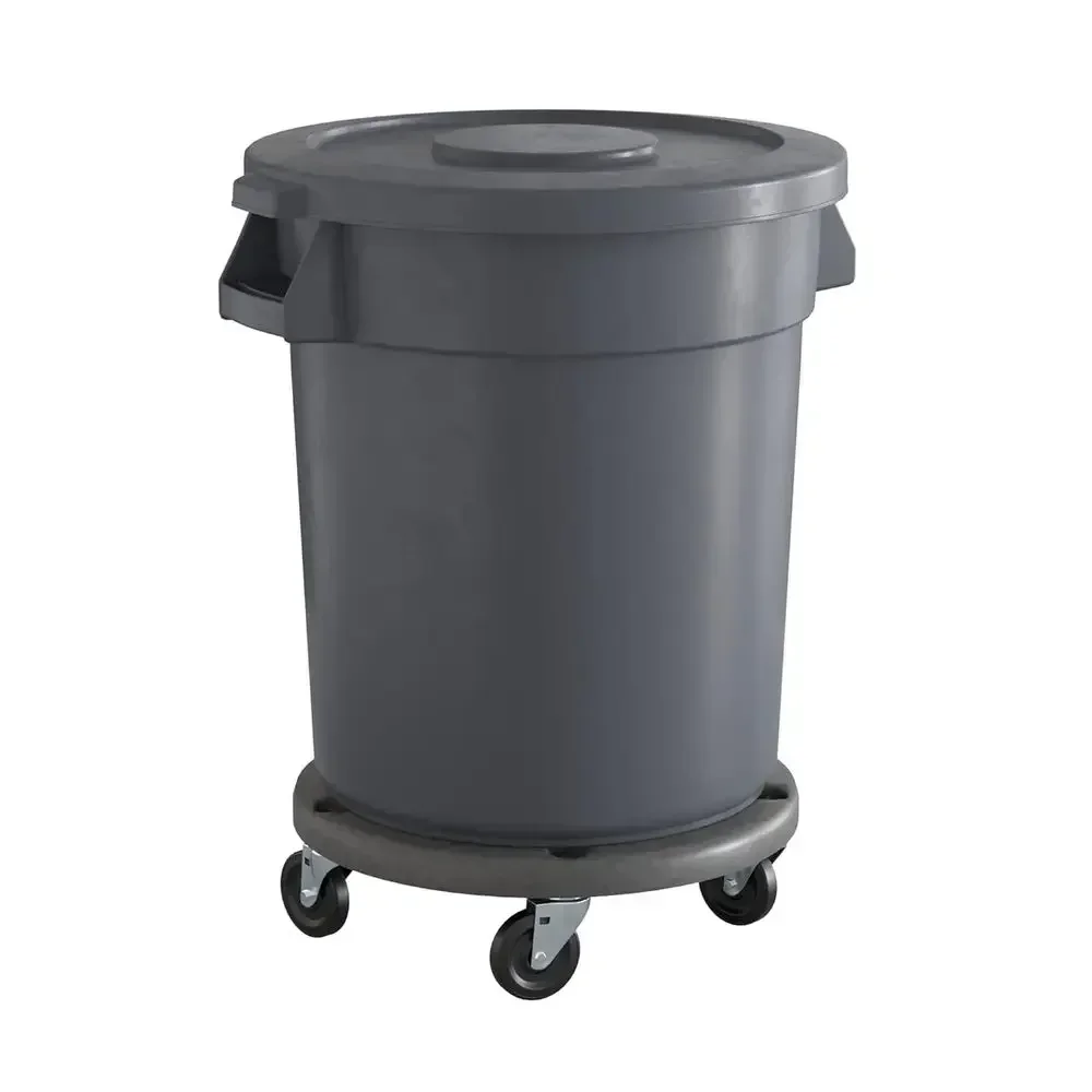 

20 Gallon Gray Heavy-Duty Round Trash Bin with Lid and Dolly, Ideal for Commercial Use in Various Settings