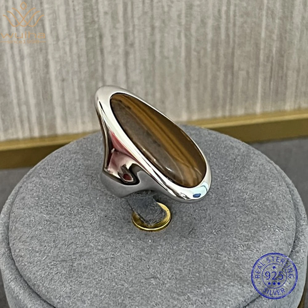 

WUIHA Vintage 100% 925 Sterling Silver Wood Grain Gemstone Wedding Engagement Anniversary Gold Rings for Women Gift Fine Jewelry