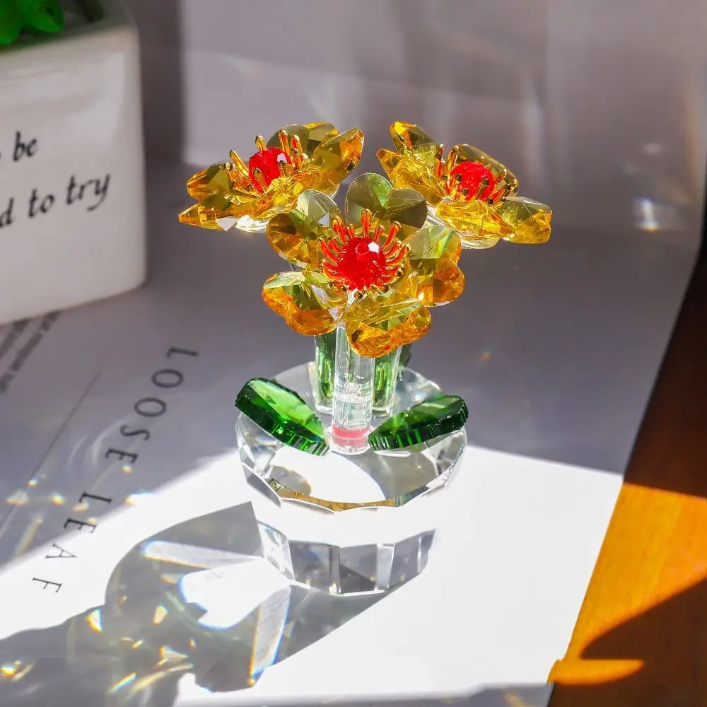 Handcraft Crystal Flower Statue Clear Base Ornament Mini Glass Flower Sculpture Gift Shiny Tabletop Plants Suncatcher