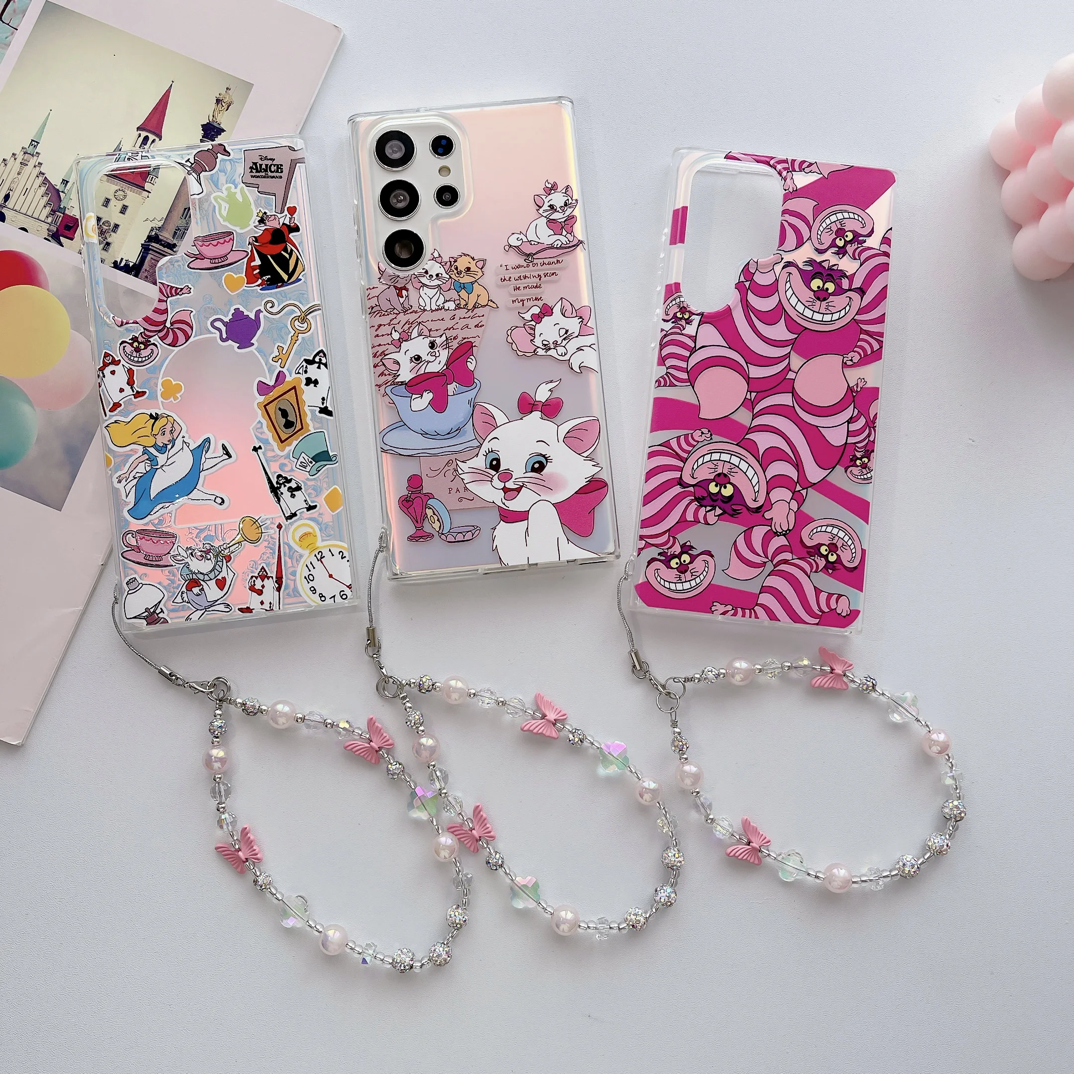 

Cartoon Laser Alices in Wonderlands Lanyard Phone Case for Samsung Galaxy S22 S23 S24 FE Plus Ultra A53 A54 A34 5G Back Cover