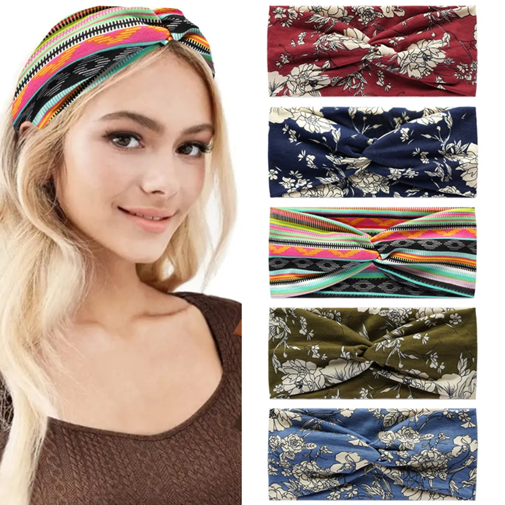 Fasce larghe per le donne fasce elastiche per capelli Boho Knoted Headwrap Yoga Running Travel Print turbante Bandage accessori per capelli per