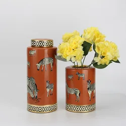 Ceramic General Jar Zebra Pattern Flower Vase with Lid Storage Storage Tank Vintage Ceramic Handicraft Ornaments Tea Spice Jar