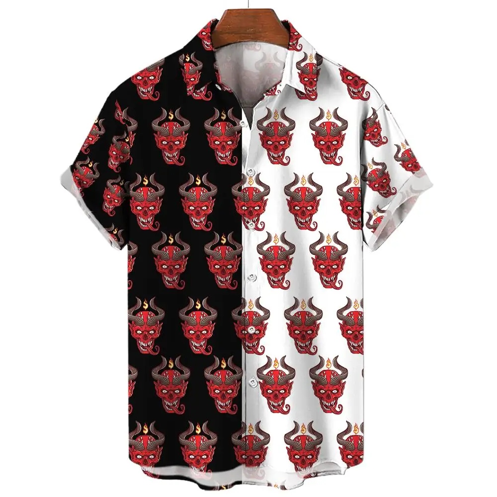 Camisa solta de grandes dimensões masculina, Estampa Diabo, Duplo Patchwork, Vermelho, Festa, Festival, Original, Casual