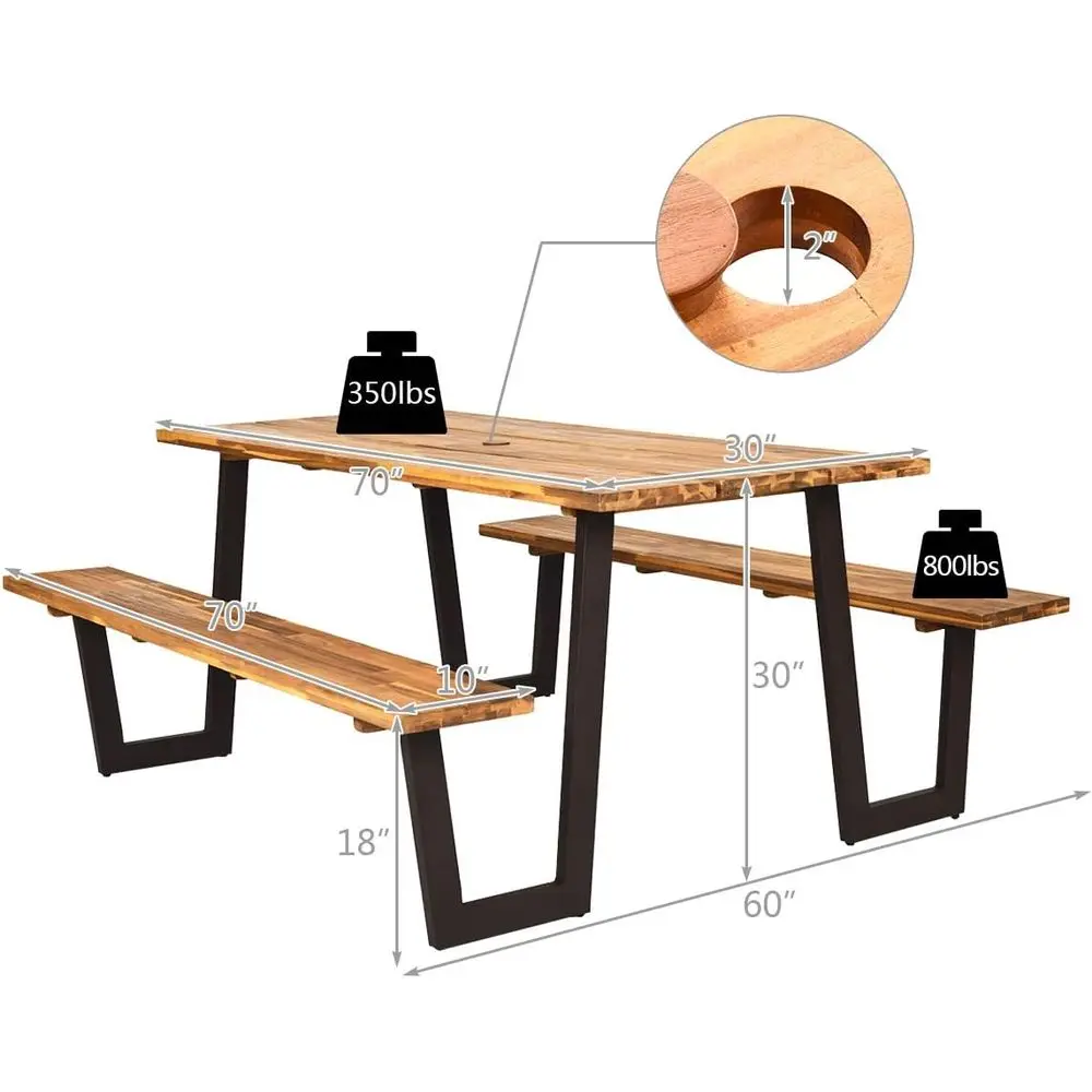 Outdoor 70 Acacia Wood Picnic Table with Benches and Umbrella Hole, Metal Frame Dining Set