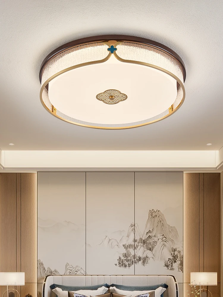 All-copper new Chinese ceiling lamp solid wood round light in the bedroom warm room study lamp simple modern led lamps