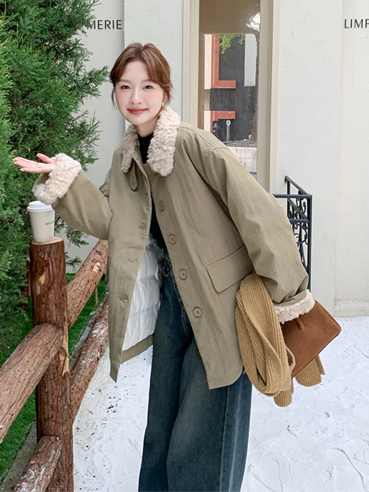 

Женская зимняя модная утепленная парка-пуховик с пэчворком из овечьей шерсти, белая, на утином пуху