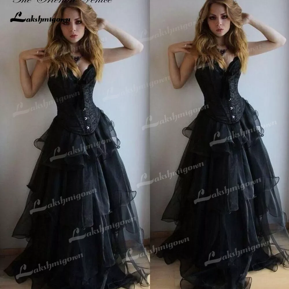 Black Organza With Lace Applique Sweetheart Sleeveles A Line Wedding Dress Customize Tiered Ruched Bridal Gown robe de mariée